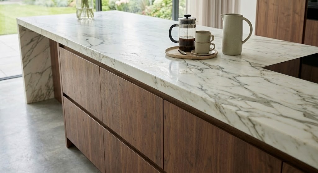 op maat gemaakte ikea keuken in notenhout met dekton blad