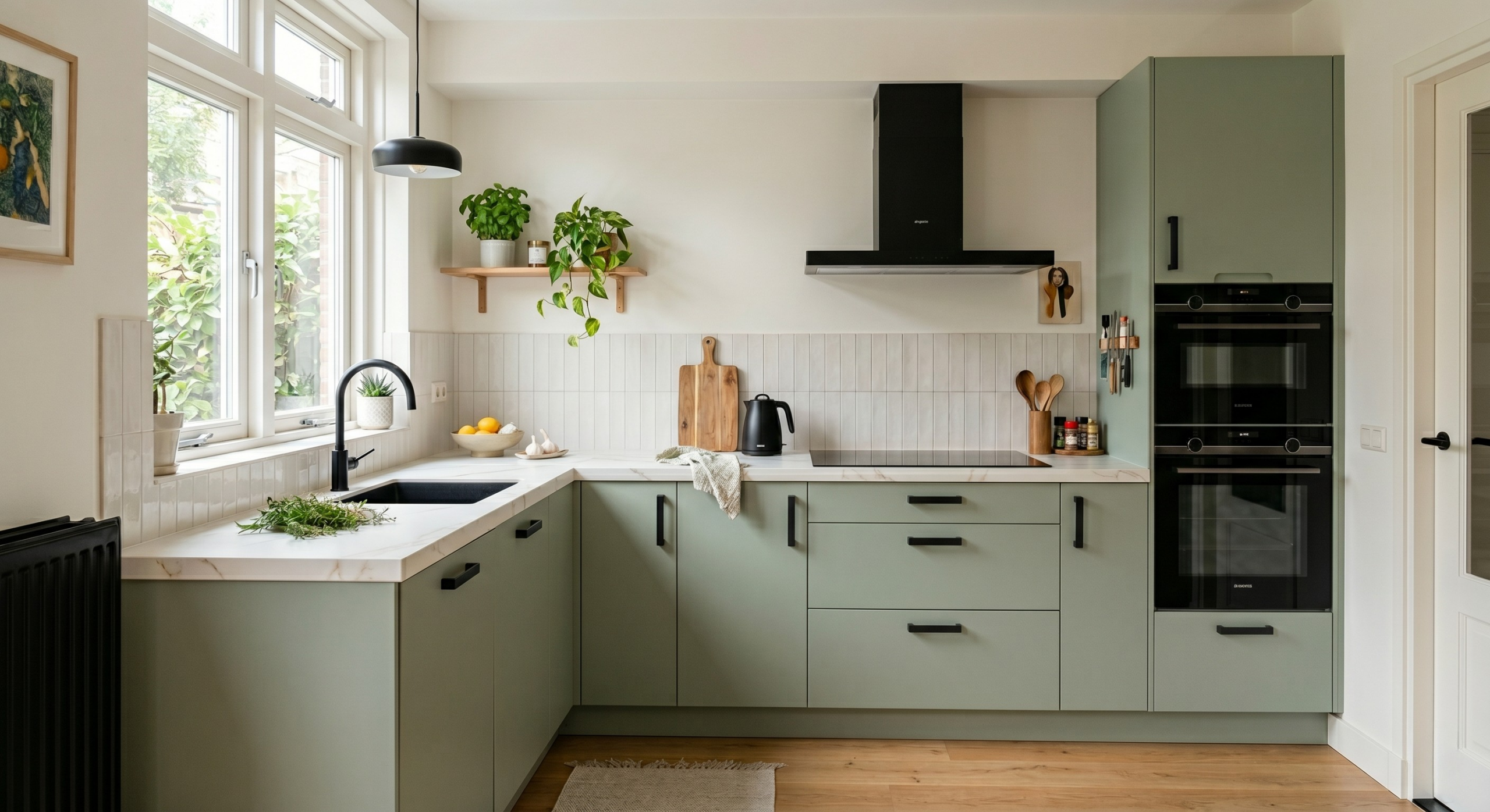 Een groene ikea keuken in saliegroen en op maat gemaakt door Maat14