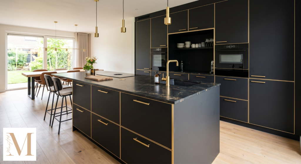 Keuken mat zwart met gouden kanten op maat gemaakt