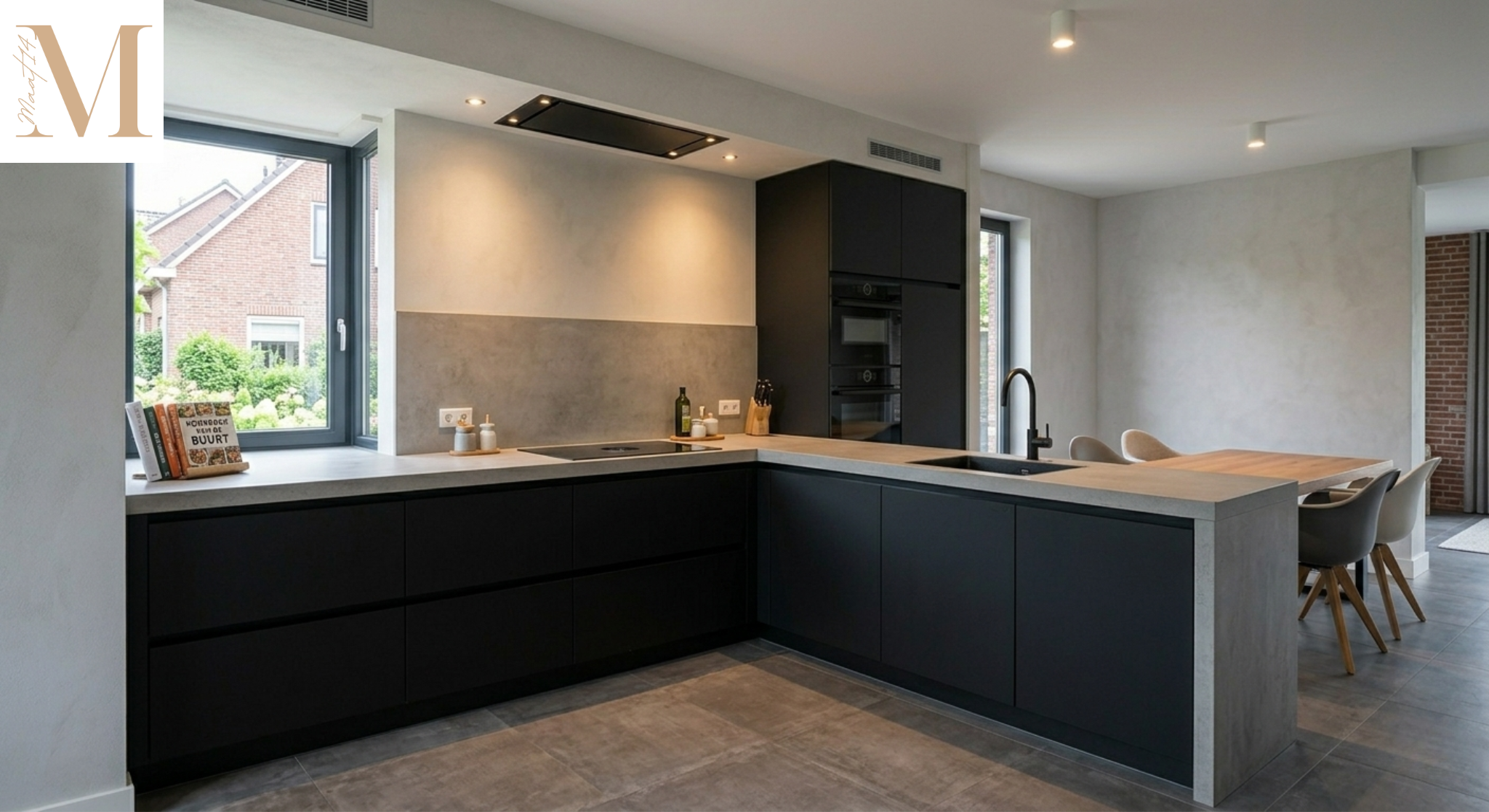Mat zwarte keuken met betongrijs blad op maat gemaakt door Maat14
