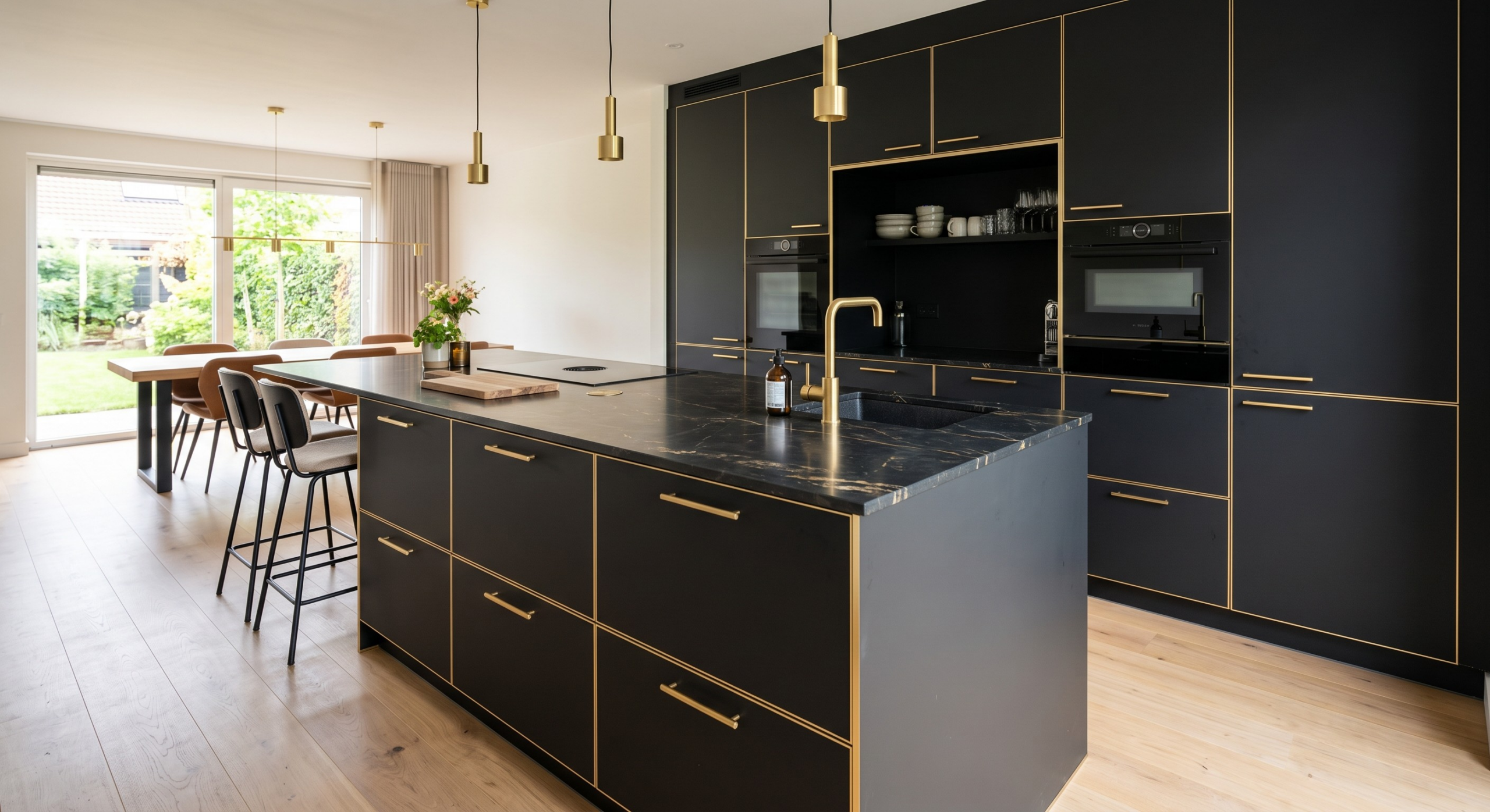 Maatwerk keukens van maat14 mat zwarte keuken met gouden kanten